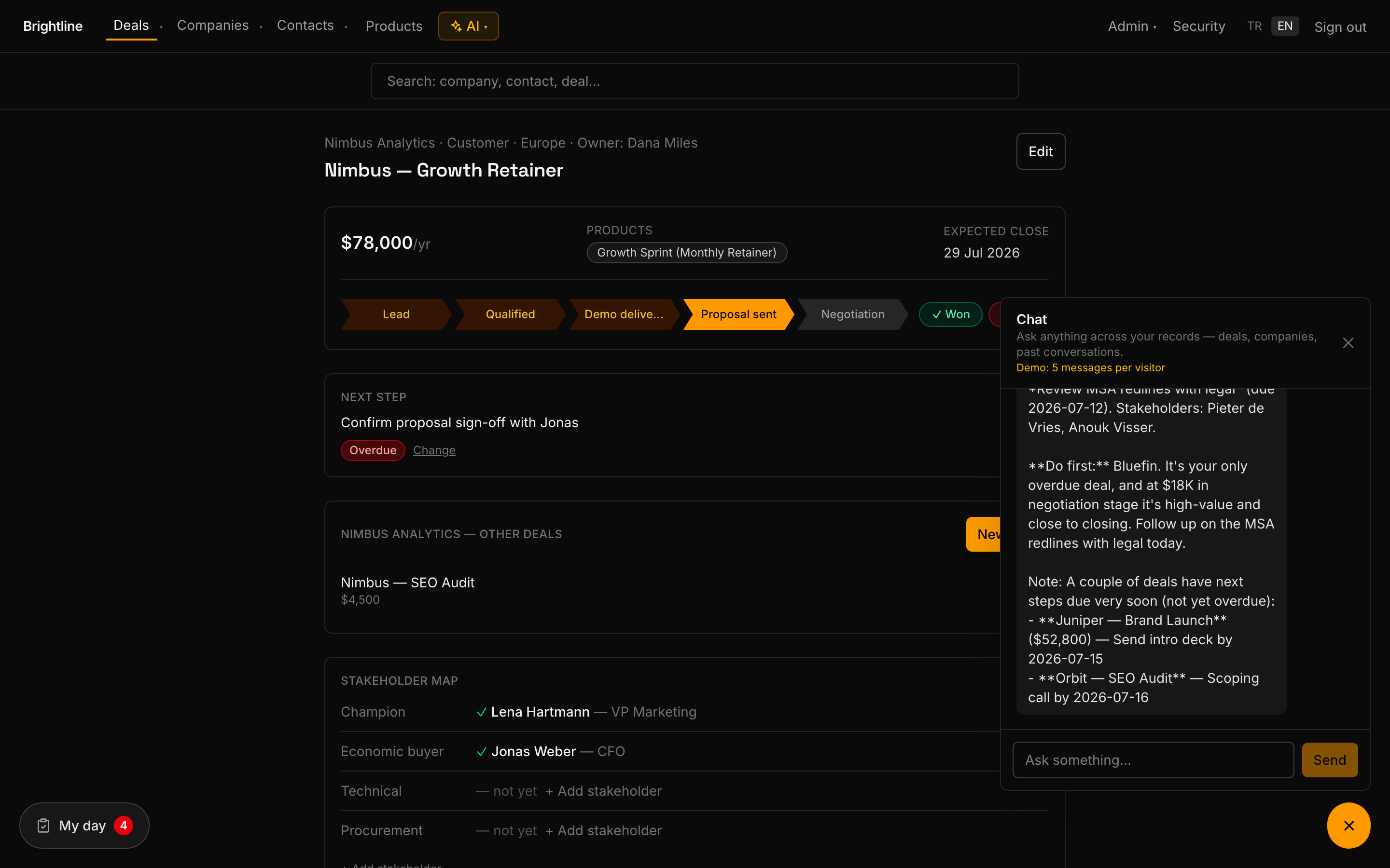 AI assistant answering a question over live deal data