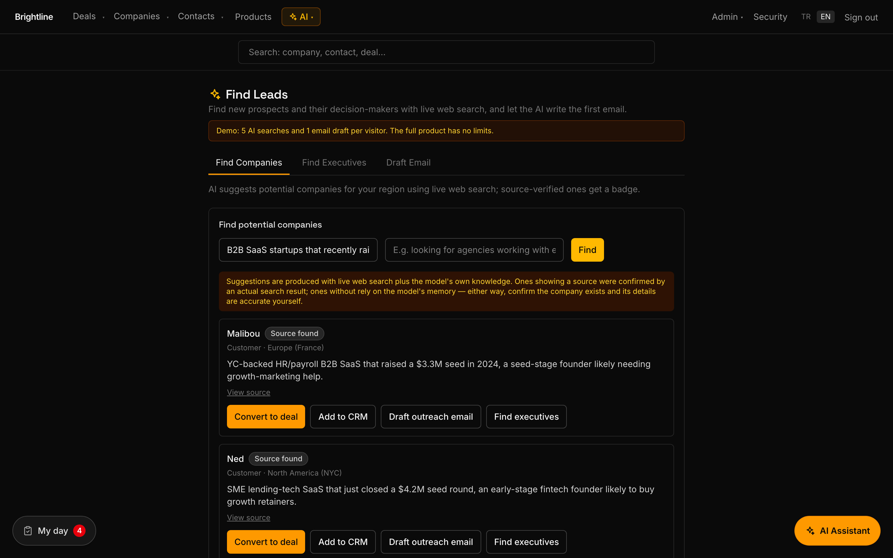 AI lead finder returning source-verified prospect companies